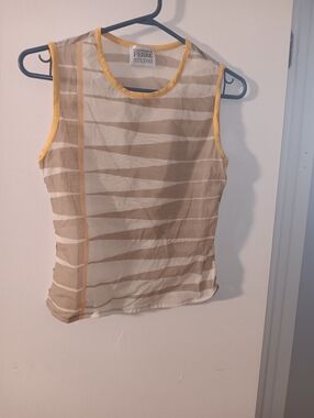 Beige Sheer Stripe Tank with Yellow Trim